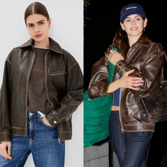 Reformation‎ Veda Marco Pitstop Brown Leather Oversized Bomber Jacket Size XL - Picture 14 of 16